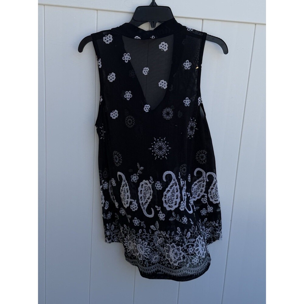 Ember Black White Floral Paisley Tie Neck Mesh Sheer Top size Medium